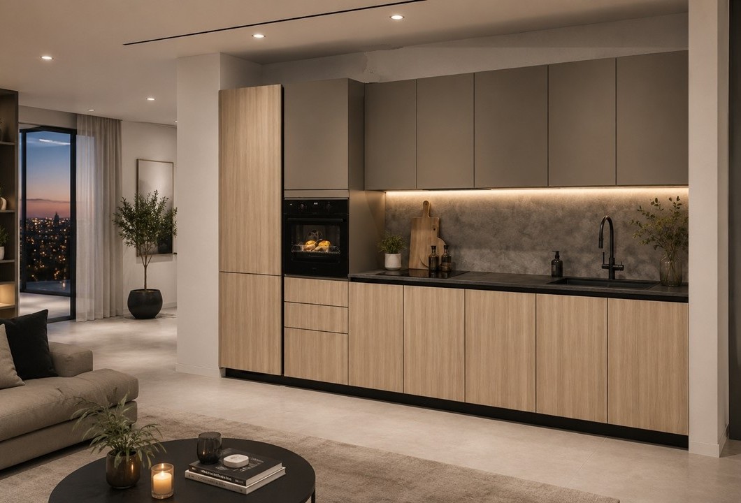 Cucina lineare in legno chiaro integrata nel living
